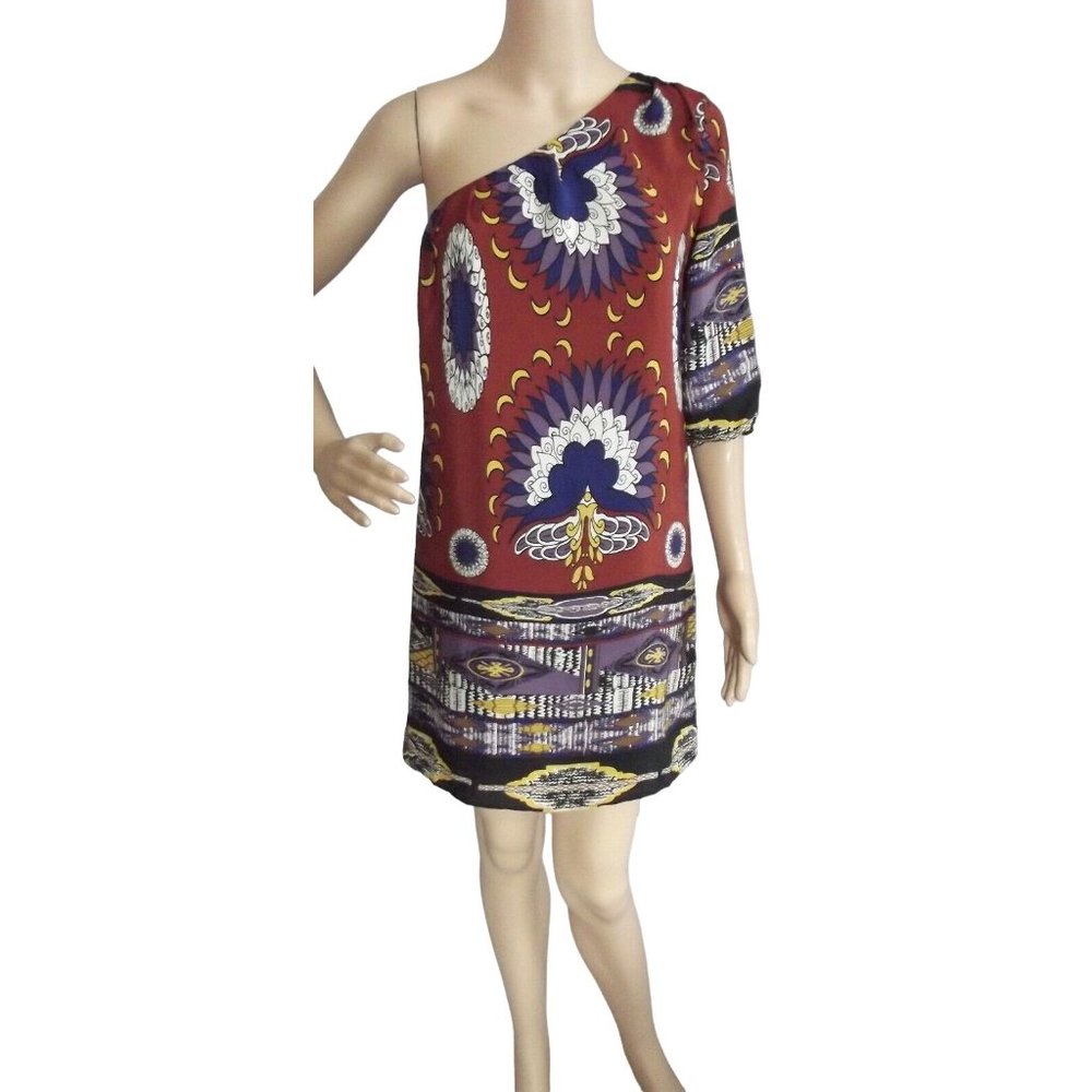 Jaloux Dress Size Small Peacock Print One Shoulder 100% Silk Shift classy